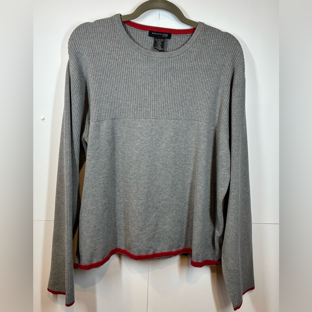Kenneth Cole New York Men’s Gray Ribbed Crewneck Sweater with Red Trim Size XL